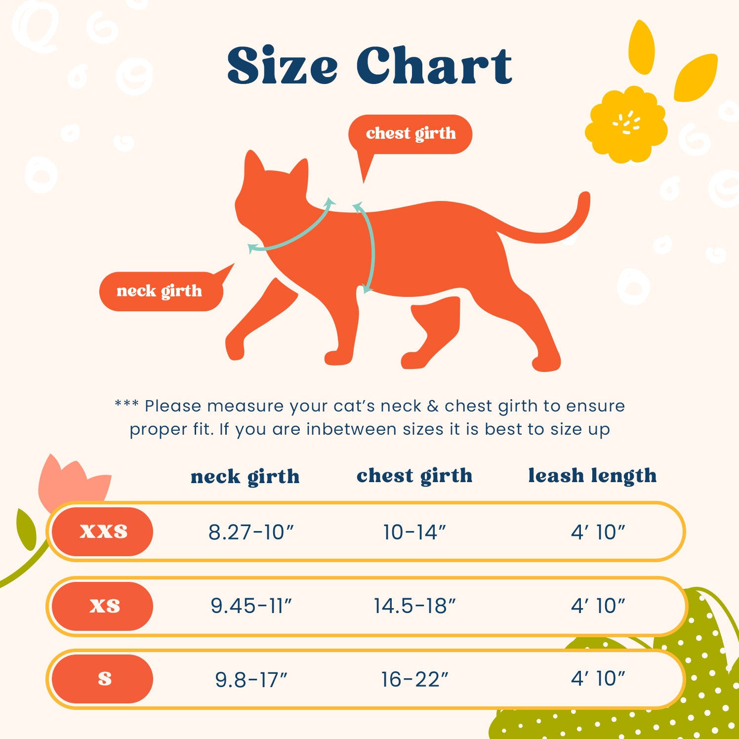 Size Chart for cat harness